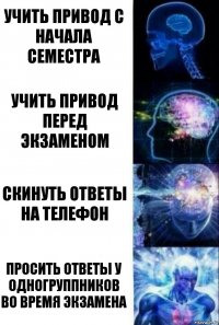 Учить привод с начала семестра Учить привод перед экзаменом Скинуть ответы на телефон Просить ответы у одногруппников во время экзамена