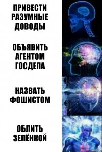 Привести разумные доводы Объявить агентом госдепа Назвать фошистом Облить зелёнкой