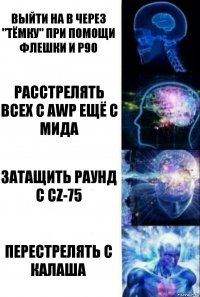 Выйти на В через "Тёмку" при помощи флешки и Р90 Расстрелять всех с AWP ещё с мида Затащить раунд с CZ-75 Перестрелять с калаша