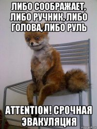 либо соображает, либо ручник, либо голова, либо руль attention! срочная эвакуляция