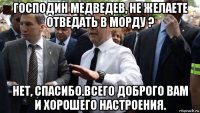 господин медведев, не желаете отведать в морду ? нет, спасибо.всего доброго вам и хорошего настроения.