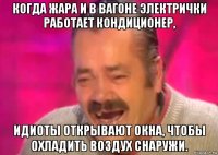 когда жара и в вагоне электрички работает кондиционер, идиоты открывают окна, чтобы охладить воздух снаружи.