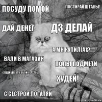 Посуду помой Полы подмети Дз делай С сестрой погуляй Вали в магазин Постирай штаны! Худей! Дай денег Следишь за собой? Хахах А мн купил(а)?