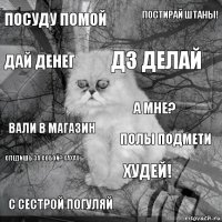 Посуду помой Полы подмети Дз делай С сестрой погуляй Вали в магазин Постирай штаны! Худей! Дай денег Следишь за собой? Хахах А мне?