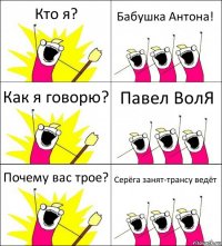 Кто я? Бабушка Антона! Как я говорю? Павел ВолЯ Почему вас трое? Серёга занят-трансу ведёт