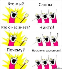 Кто мы? Слоны! Кто о нас знает? Никто! Почему? Нас слоны заслонили!