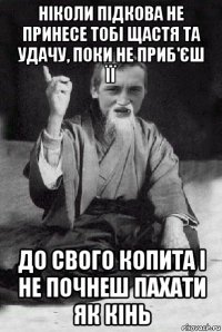 ніколи підкова не принесе тобі щастя та удачу, поки не приб'єш її до свого копита і не почнеш пахати як кінь