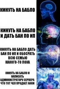 Кинуть на бабло Кинуть на бабло и дать бан по ип Кинуть на бабло дать бан по ИП и обосрать всю семью какого-то лоха Кинуть на бабло и написать администратору сервера что тот чел продает акки