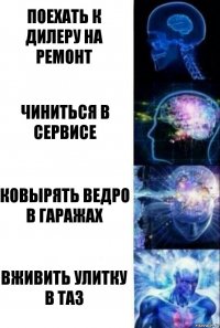 поехать к дилеру на ремонт чиниться в сервисе ковырять ведро в гаражах вживить улитку в таз