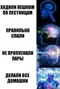 ходили пешком по лестницам правильно спали не пропускали пары делали все домашки