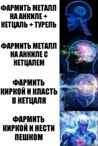 Фармить металл на анкиле + кетцаль + турель Фармить металл на анкиле с кетцалем Фармить киркой и класть в кетцаля Фармить киркой и нести пешком