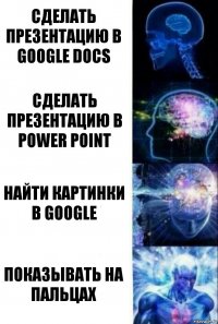 Сделать презентацию в Google Docs Сделать презентацию в Power point Найти картинки в Google Показывать на пальцах