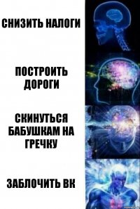 Снизить налоги Построить дороги Скинуться бабушкам на гречку Заблочить ВК