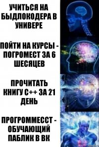 учиться на быдлокодера в универе пойти на курсы - погромест за 6 шесяцев прочитать книгу с++ за 21 день Прогроммесст - обучающий паблик в ВК