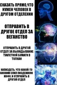 Сказать прямо,что нужен человек в другом отделении Отправить в другое отдел за веганство Отправить в другой отдел за выкидывание туалетной бумаги в толкан Напиздеть, что какой-то аноним слил пиздежную инфу, и отправить в другой отдел