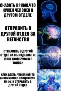 Сказать прямо,что нужен человек в другом отделе Отправить в другой отдел за веганство Отправить в другой отдел за выкидывание туалетной бумаги в толкан Напиздеть, что какой-то аноним слил пиздежную инфу, и отправить в другой отдел