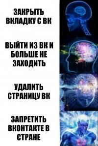 Закрыть вкладку с ВК Выйти из ВК и больше не заходить Удалить страницу ВК Запретить ВКонтакте в стране