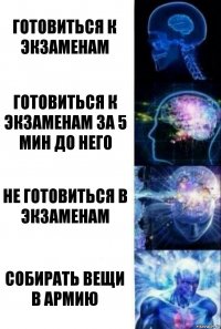 Готовиться к экзаменам Готовиться к экзаменам за 5 мин до него Не готовиться в экзаменам Собирать вещи в армию