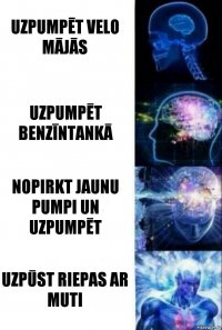 Uzpumpēt velo mājās Uzpumpēt benzīntankā Nopirkt jaunu pumpi un uzpumpēt Uzpūst riepas ar muti