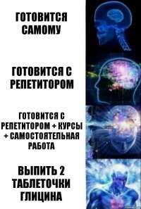 Готовится самому Готовится с репетитором Готовится с репетитором + курсы + самостоятельная работа Выпить 2 таблеточки глицина