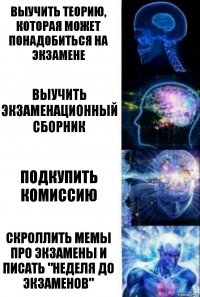 Выучить теорию, которая может понадобиться на экзамене Выучить экзаменационный сборник Подкупить комиссию Скроллить мемы про экзамены и писать "неделя до экзаменов"