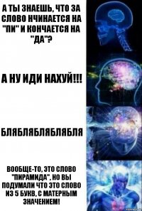 а ты знаешь, что за слово нчинается на "пи" и кончается на "да"? а ну иди НАХУЙ!!! бляблябляблябля вообще-то, это слово "Пирамида", но вы подумали что это слово из 5 букв, с матерным значением!