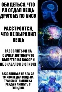 Обидеться, что рл отдал вещь другому по бису Расстроится, что не выролил вещь Разозлиться на сервер, потому что вылетел на боссе и не оказался в списке Разозлиться на РЛа, за то, что не дал вещь на трансмог, выйти из рейда и ливнуть с гильдии.