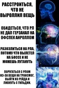 Расстроиться, что не выроллил вещь Обидеться, что РЛ не дал герзакал на офспек анроллом Разозлиться на РЛА, потому что вылетел на боссе и не можешь лутануть Поругаться с РЛом из-за вещи на трансмог, выйти из рейда и ливнуть с гильдии.