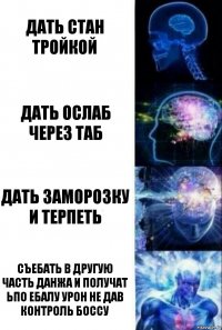 дать стан тройкой дать ослаб через таб дать заморозку и терпеть СЪЕБАТЬ В ДРУГУЮ ЧАСТЬ ДАНЖА И ПОЛУЧАТ ЬПО ЕБАЛУ УРОН НЕ ДАВ КОНТРОЛЬ БОССУ