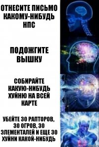 отнесите письмо какому-нибудь нпс подожгите вышку собирайте какую-нибудь хуйню на всей карте убейте 30 рапторов, 30 огров, 30 элементалей и еще 30 хуйни какой-нибудь