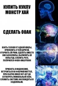 Купить куклу Монстр хай Сделать ООАК Взять голову от одной куклы, прилепить к телу другой, оторвать ей руки, сделать вместо них бензопилы, выпилить ей копытца, слепить рога, получился фавн-киберпанк Приехать в Индонезию, устроиться на фабрику Маттел, при сборке кукол нет-нет да сотворять уникальный ООАК, сломать систему, наслаждаться содеянным.