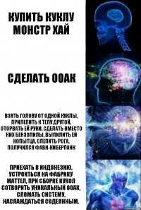 Купить куклу Монстр хай Сделать ООАК Взять голову от одной куклы, прилепить к телу другой, оторвать ей руки, сделать вместо них бензопилы, выпилить ей копытца, слепить рога, получился фавн-киберпанк Приехать в Индонезию, устроиться на фабрику Маттел, при сборке кукол сотворить уникальный ООАК, сломать систему, наслаждаться содеянным.