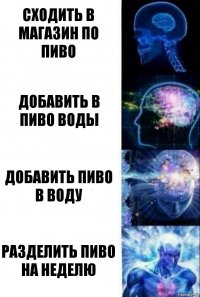 Сходить в магазин по пиво Добавить в пиво воды Добавить пиво в воду Разделить пиво на неделю