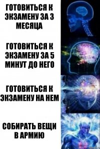 Готовиться к экзамену за 3 месяца Готовиться к экзамену за 5 минут до него Готовиться к экзамену на нем Собирать вещи в армию