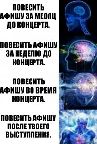 Повесить афишу за месяц до концерта. Повесить афишу за неделю до концерта. Повесить афишу во время концерта. Повесить афишу после твоего выступления.