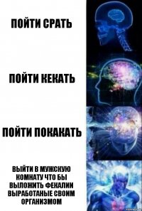 Пойти срать Пойти кекать Пойти покакать Выйти в мужскую комнату что бы выложить фекалии выработаные своим организмом