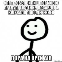 опять объявили штормовое предупреждение, позавчера вырвало 1000 деревьев пора на open air