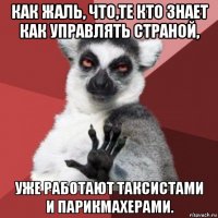 как жаль, что,те кто знает как управлять страной, уже работают таксистами и парикмахерами.