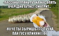 -пассаны,глянь,тут на нас опять очередно аутист смотрит... -ну че ты зыришь??? лучка пан гусу кликни)))0)