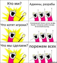 Кто ми? Админы, разрабы Что хотят игроки? Нововведений, баланс хаотов, профы, борьбу с читырами, дейли награды, бесплатный перекид ... Что мы сделаем? порежем всех