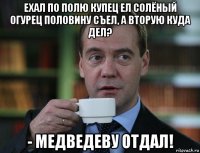 ехал по полю купец ел солёный огурец половину съел, а вторую куда дел? - медведеву отдал!