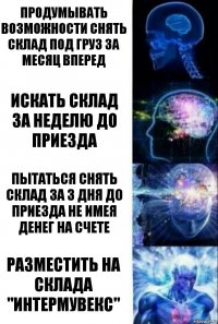 Продумывать возможности снять склад под груз за месяц вперед Искать склад за неделю до приезда Пытаться снять склад за 3 дня до приезда не имея денег на счете Разместить на склада "Интермувекс"