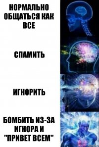 Нормально общаться как все Спамить Игнорить Бомбить из-за игнора и "Привет всем"