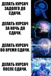 Делать курсач задолго до сдачи. Делать курсач за ночь до сдачи. Делать курсач во время сдачи. Делать курсач после сдачи.