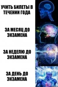 Учить билеты в течении года За месяц до экзамена за неделю до экзамена за день до экзамена