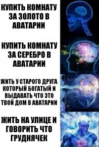 Купить комнату за золото в Аватарии Купить комнату за серебро в Аватарии Жить у старого друга который богатый и выдавать что это твой дом в Аватарии Жить на улице и говорить что груднячек