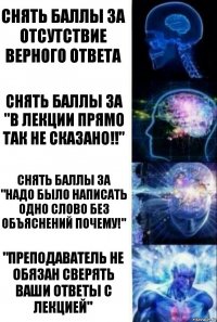 Снять баллы за отсутствие верного ответа Снять баллы за "в лекции прямо так не сказано!!" Снять баллы за "надо было написать одно слово без объяснений почему!" "Преподаватель не обязан сверять ваши ответы с лекцией"