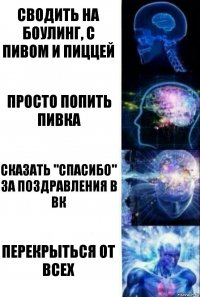 Сводить на боулинг, с пивом и пиццей Просто попить пивка Сказать "спасибо" за поздравления в ВК Перекрыться от всех