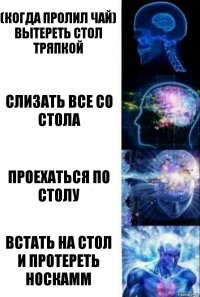 (Когда пролил чай)
вытереть стол тряпкой Слизать все со стола Проехаться по столу Встать на стол и протереть носкамм