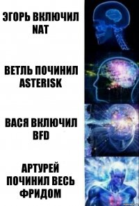 Эгорь включил NAT Ветль починил asterisk Вася включил BFD Артурей починил весь фридом